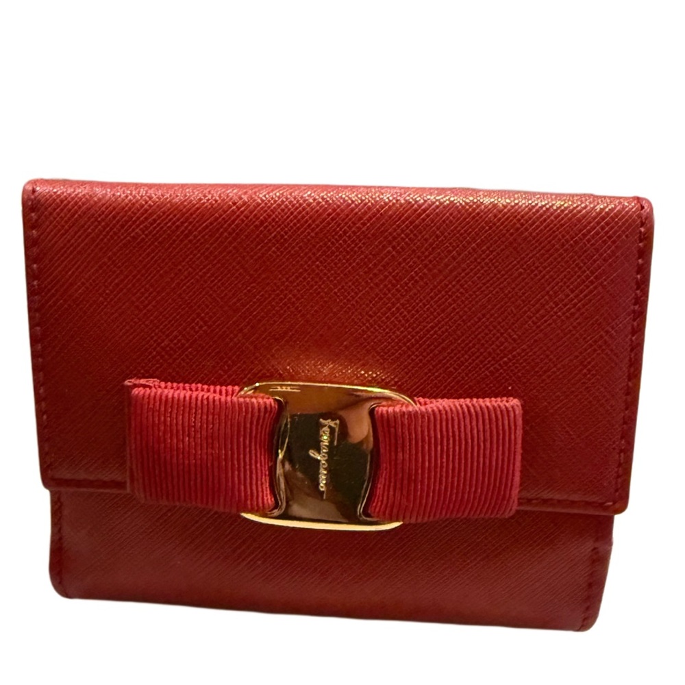 Salvatore Ferragamo Red Leather Bow Two-Fold Compact Wallet